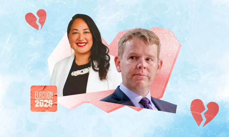 Composite graphic of Kerrin Leoni and Labour leader Chris Hipkins against a pale blue background, with two broken red hearts and Election 2026 branding.