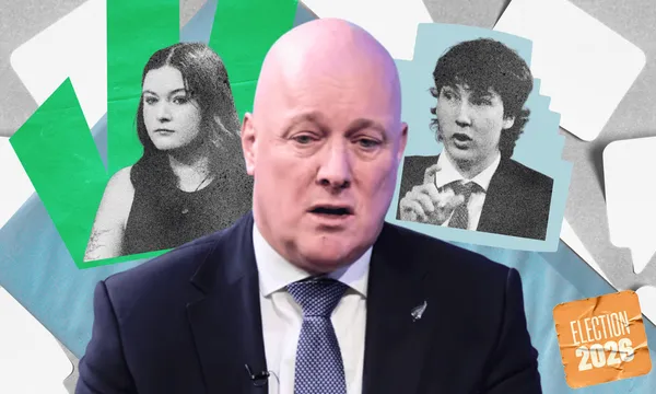 a bald man in a dark suit and tie looks pained in the centre of the image. on either side, a young journalist in black and white looks serious