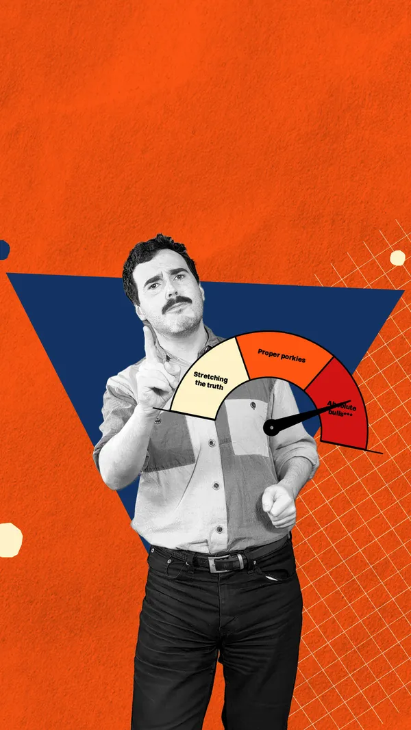 A black-and-white cut-out image of Robbie Nicol holding up a finger. A fire-danger-style sign is in front of him. Behind him is an abstract orange background.